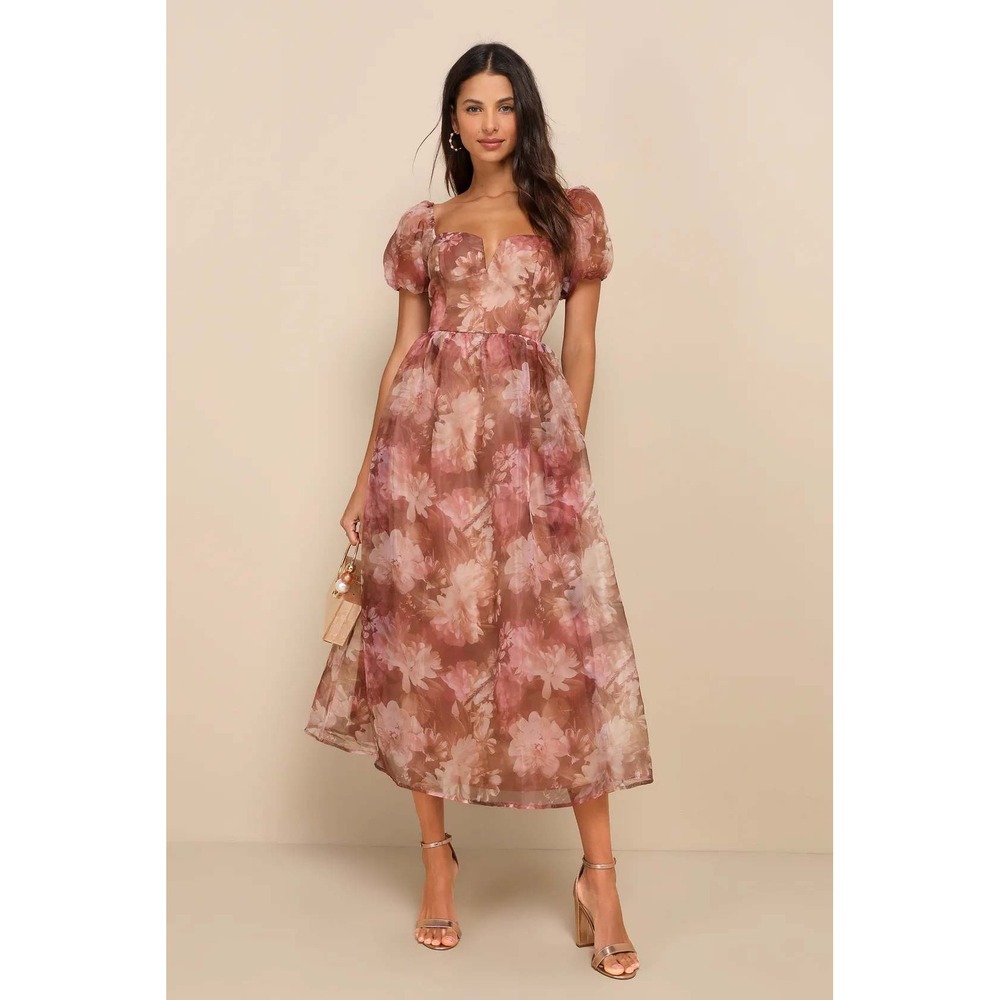 Lulus Lovely Statement Light Brown Floral Organza Tie-Back Midi Dress XS wedd